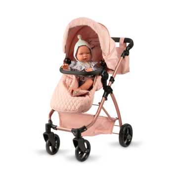 Doll combination pram - in soft pink quilt