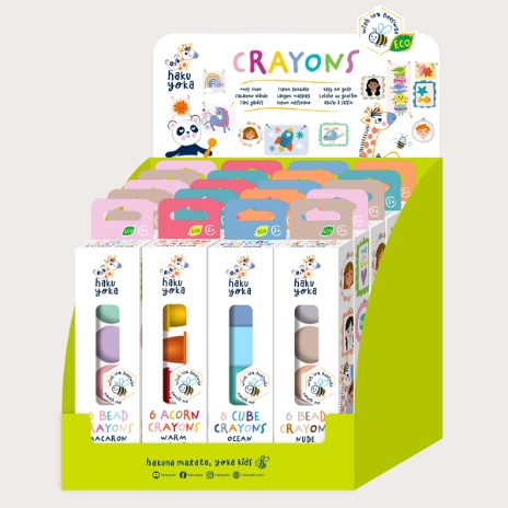 Display for acorn-shaped and cube crayons